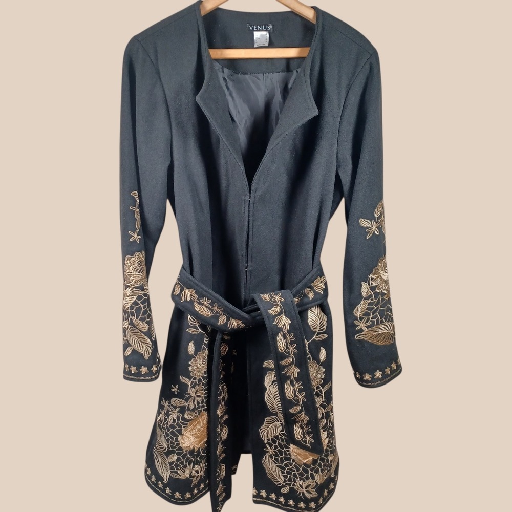 VENUS Gold Floral Embroidered Boho Whimsigoth‎ Fairycore Wool Belted Trenchcoat
